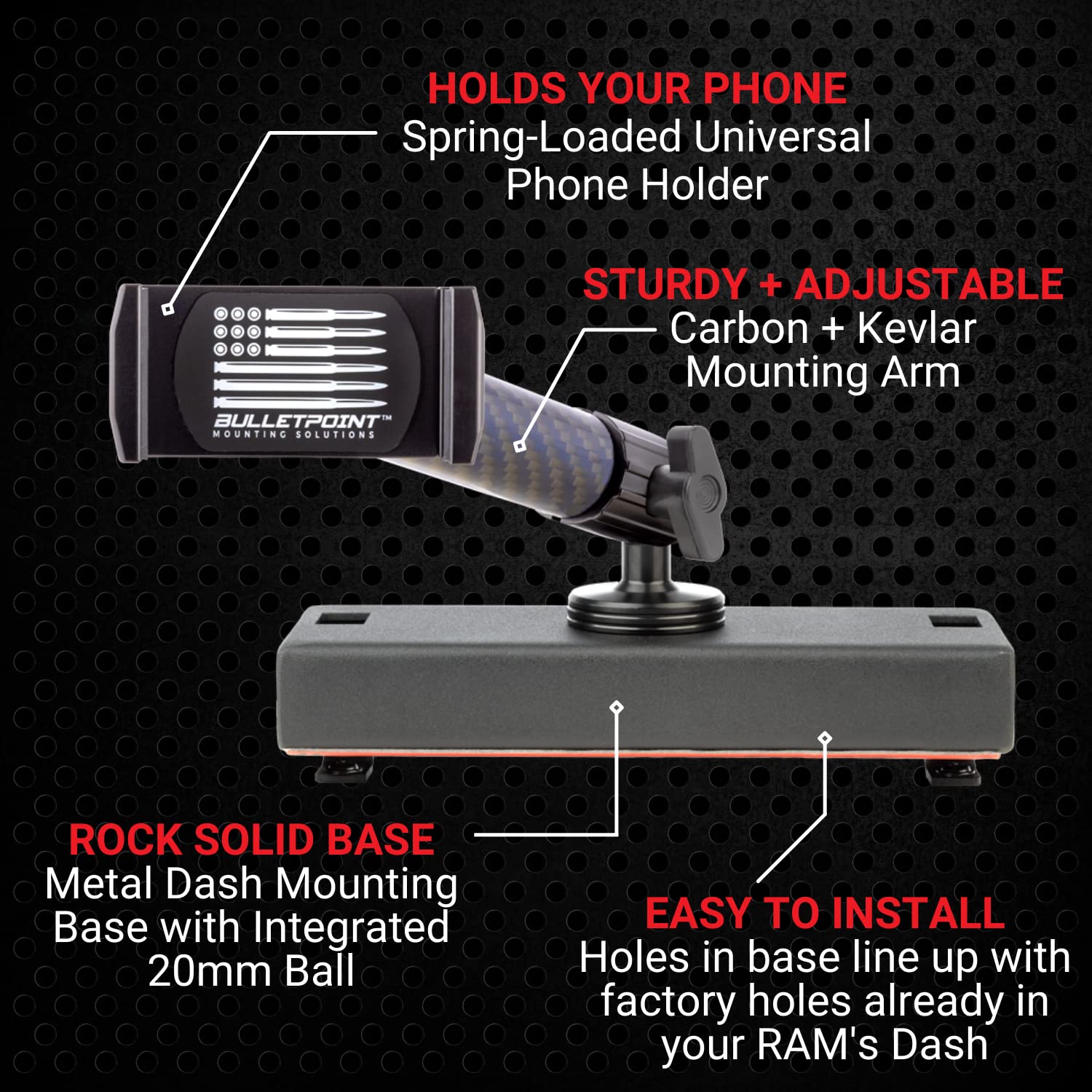 Bulletpoint Dash Cell Phone Holder For RAM Truck (2019+ 1500, 2500, 3500 and TRX) with 20mm Single Ball Mount - Compatible with iPhone and Android Smartphones - Image 3
