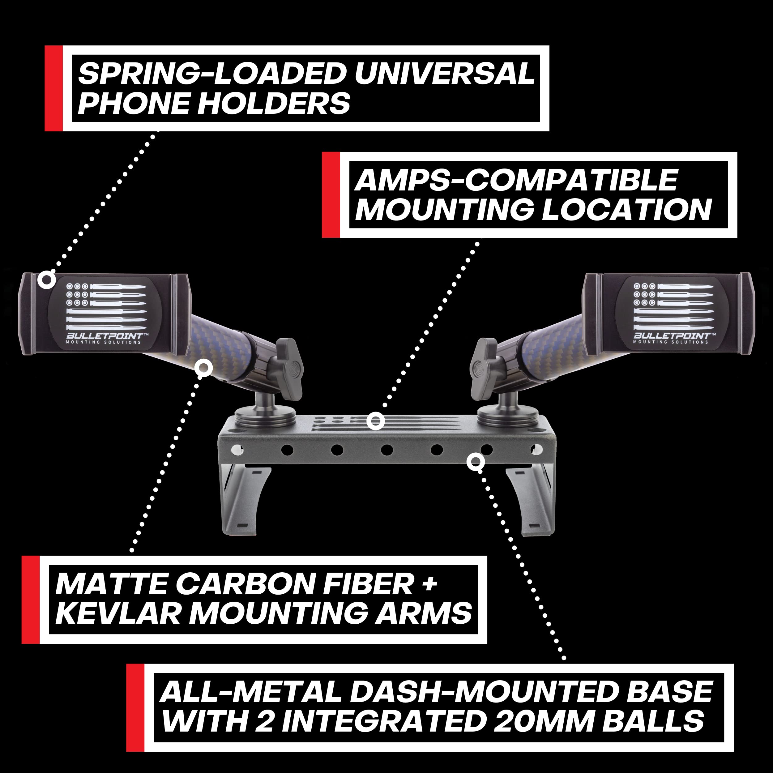 Bulletpoint Metal Dash Mount with 2 Phone Holders Bundle Compatible with 2015-2020 Ford F150 & 2017+ F250/F350 Super Duty - Dual 20mm Ball Dash F150 Phone Mount (13th Generation) - Image 3
